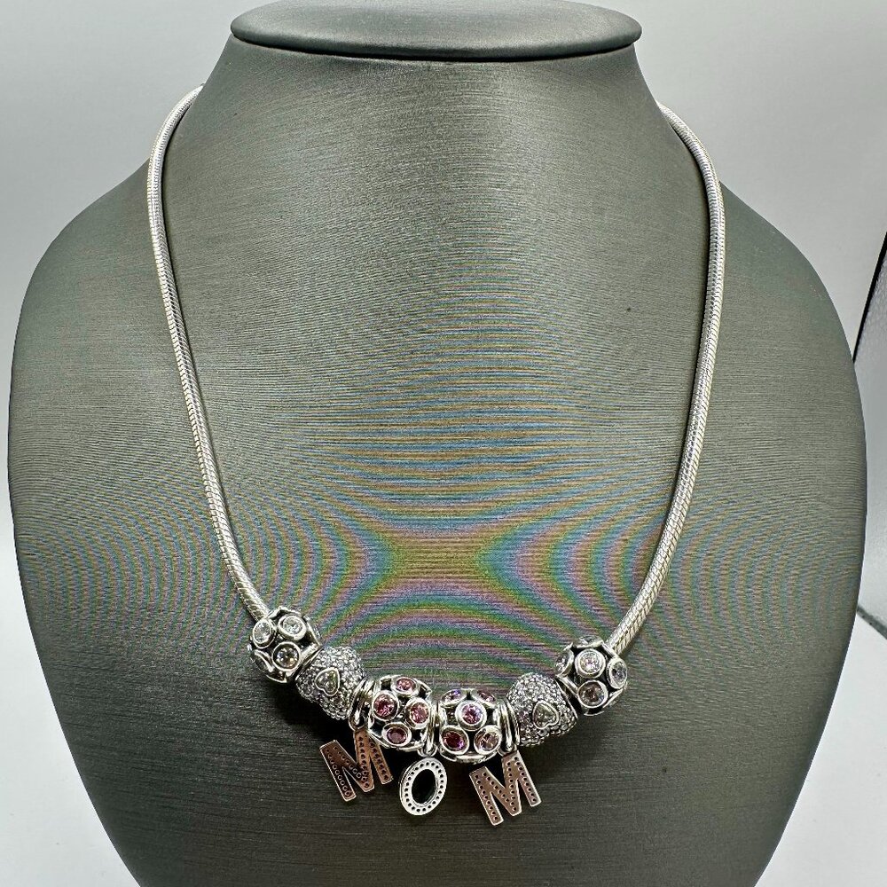 Pandora MOM 6 Charm Necklace in 925 Sterling Silver Signed
